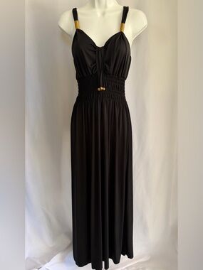 YUNA Black Maxi Dress with Gold Accents, Size S/M